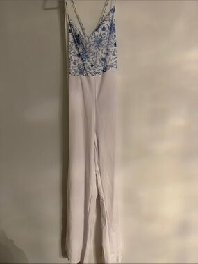 White Jumpsuit with Blue Floral Cami Bodice
